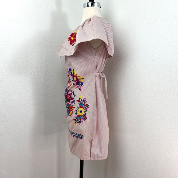 Colorful Floral Embroidered Cotton Dress S/M Flounce Collar Boho Peasant Ethnic - Picture 7 of 12